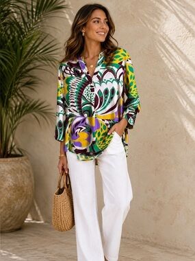 Cupcakes And Cashmere Multicolor Abstract Print Tunic Blouse Medium Boho Resort